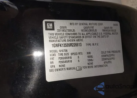 2009 Chevrolet Tahoe Hybrid z USA, uszkodzony, nr VIN 1GNFK13589R226613